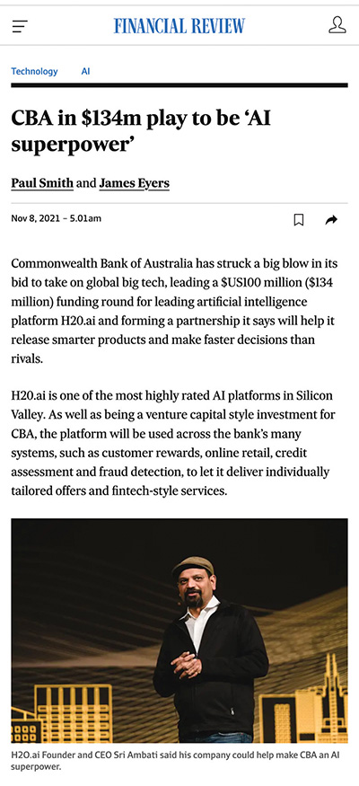 Financial Review article: CBA in $134m play to be 'AI superpower'"