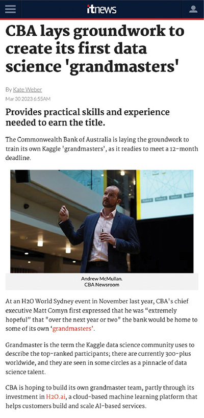 iTnews article "CBA lays groundwork to create its first data science 'grandmasters'"