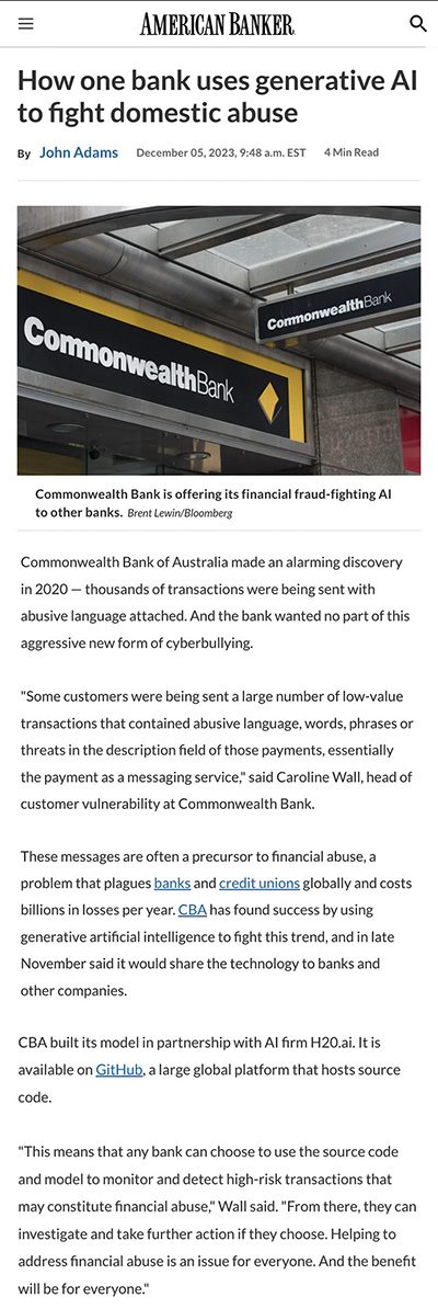 American Banker article "How one bank uses generative AI to fight domestic abuse"