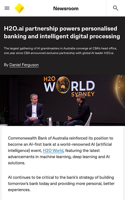 CBA newsroom article "H2O.ai partnership powers personalised banking and intelligent digital processing"