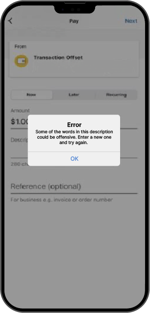 cba mobile phone screenshot "Error. Some of the words in this description could be offensive. Enter a new one and try again."