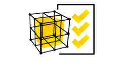 black outlined 3d cube with yellow inside and yellow check marks on the right