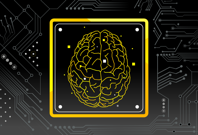 brain shape lit up on a circuit board