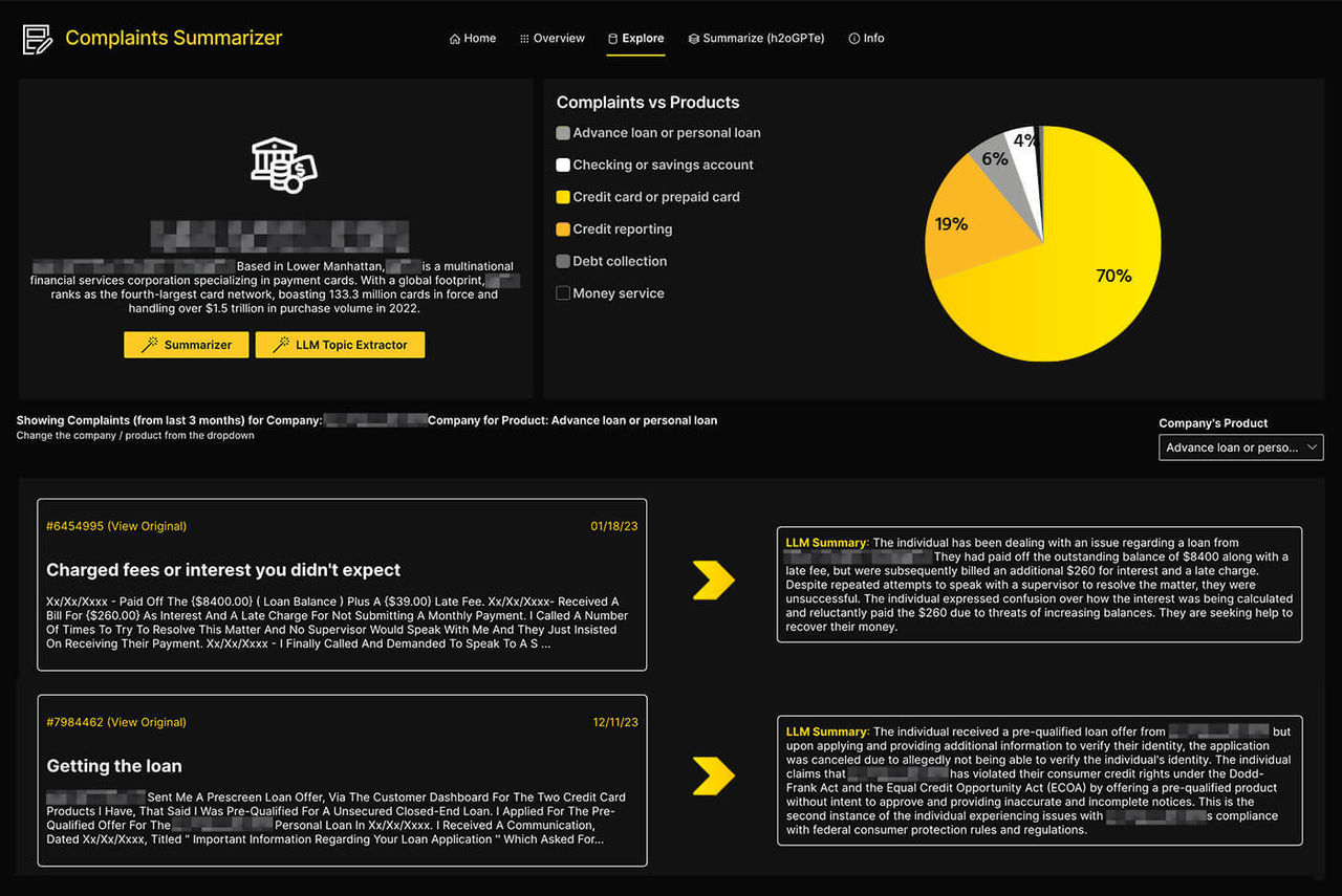 Complaint Summarizer UI An image depicting H2O's complaint summarizer UI