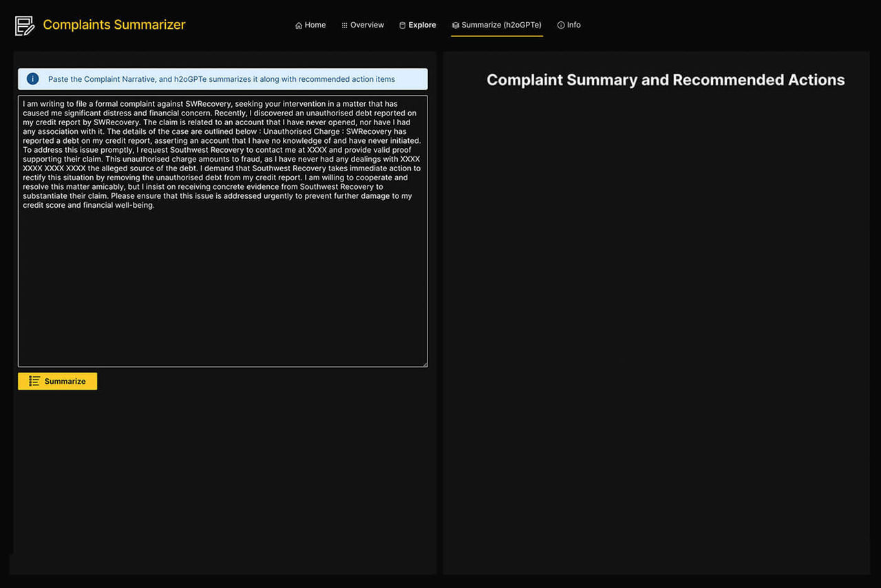 Complaint Summarizer UI 3 An image depicting H2O's Complaint Summarizer tool