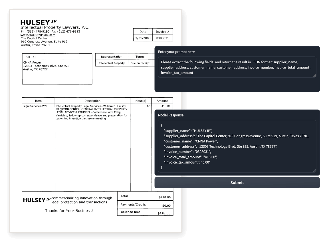 H2OVL Mississippi Usage An image depicting H2OVL Mississippi actively crawling and referencing a PDF. The PDF itself is a PDF of an invoice for property services given from HULSEY propert lawyers, P.C.